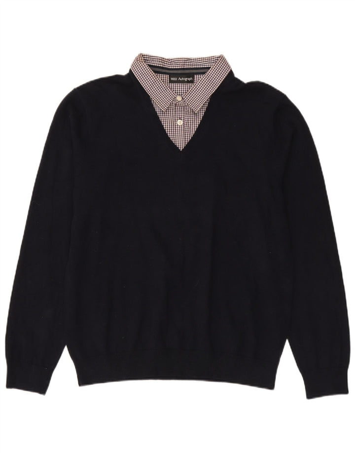 Marks & Spencer Herren Autograph Pullover mit V-Ausschnitt, groß, marineblaue Baumwolle