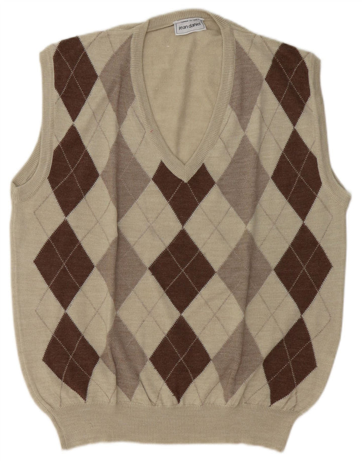 Vintage Herren Weste Tank Top Groß Beige Argyle/Diamant Acryl