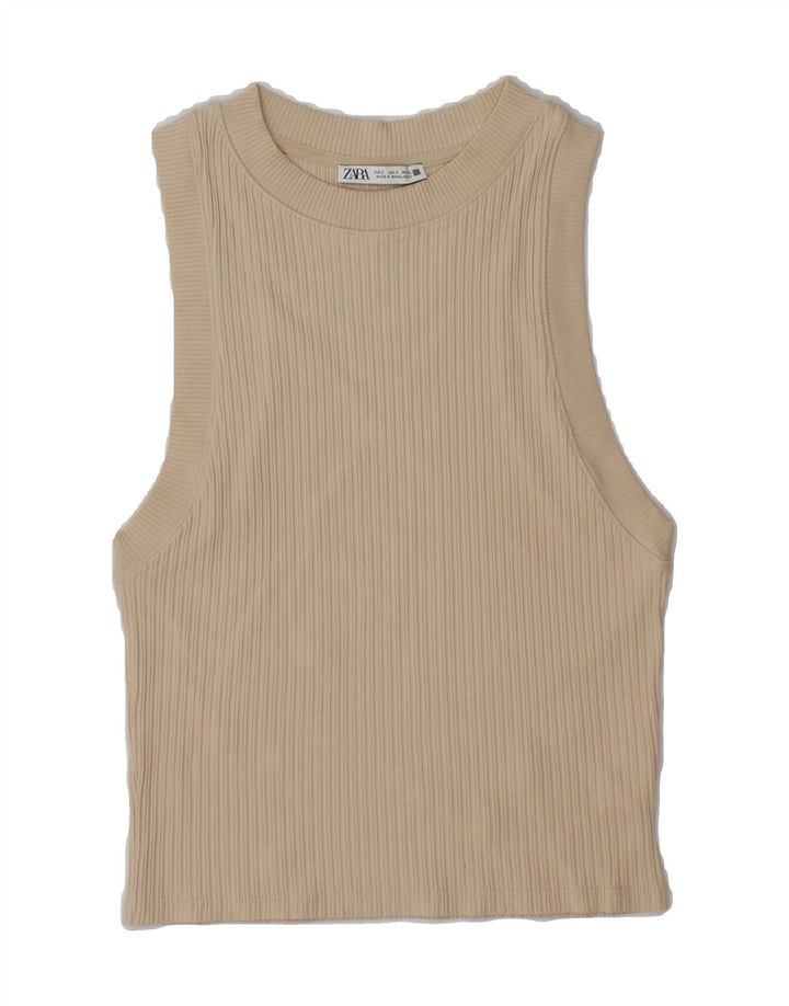 ZARA Womens Crop Vest Top UK 10 Small Beige Cotton Vintage Zara and Second-Hand Zara from Messina Hembry 