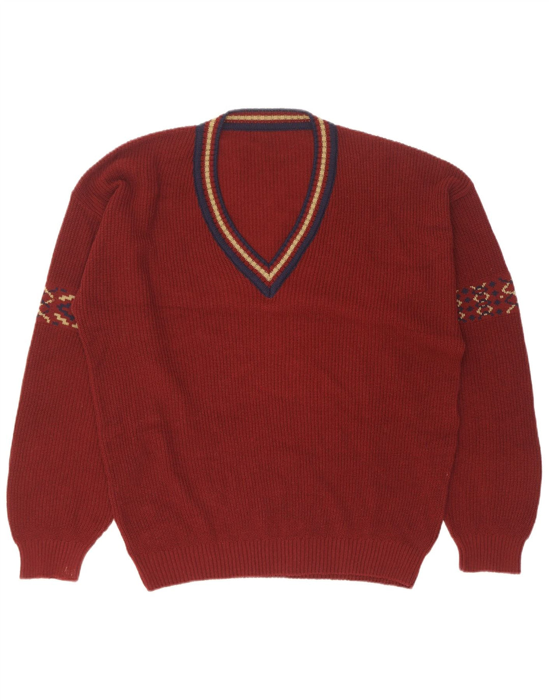 Vintage Herren V-Ausschnitt Pullover Pullover Größe 50 Medium Maroon Geometrische Baumwolle