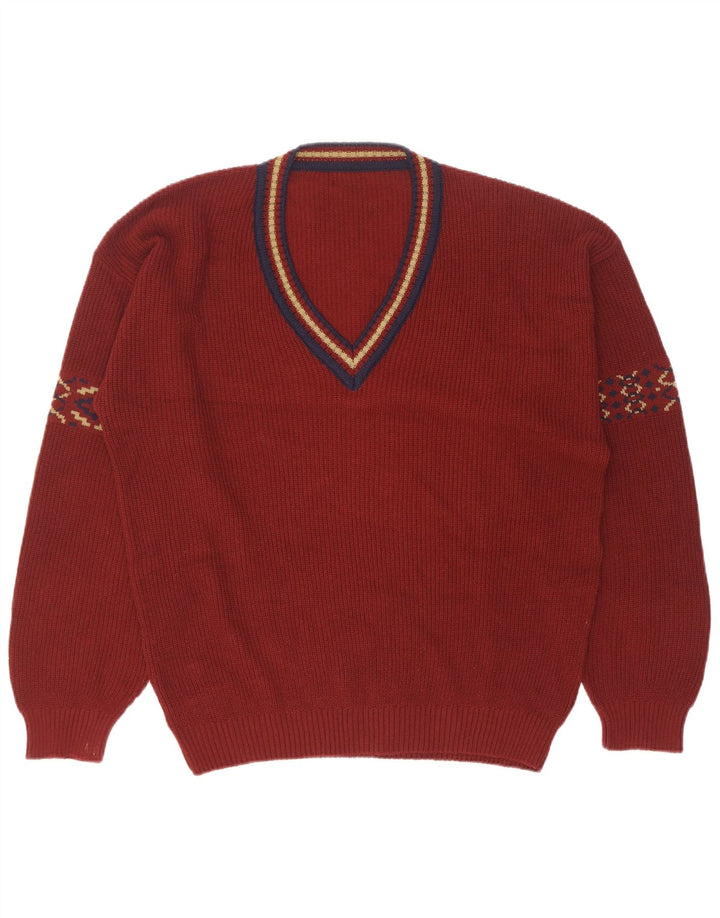 Vintage Herren V-Ausschnitt Pullover Pullover Größe 50 Medium Maroon Geometrische Baumwolle