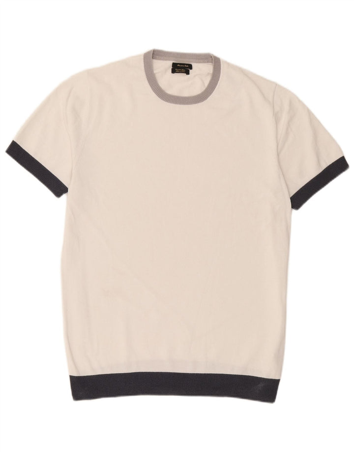 Massimo Dutti Herren-Pullover mit Rundhalsausschnitt, Größe L, Weiß, Farbblock