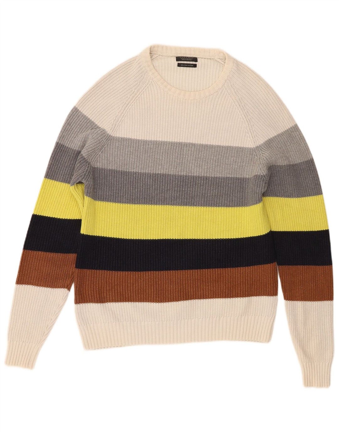 Zara Herren-Pullover mit Rundhalsausschnitt, mittelgroß, mehrfarbig, gestreift, Baumwolle