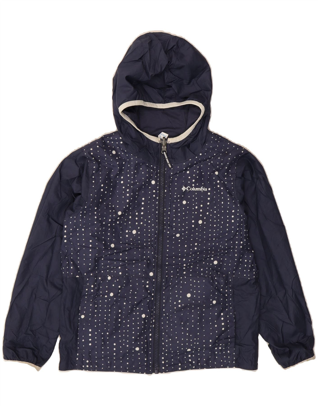 COLUMBIA Girls Hooded Reversible Jacket 7-8 Years Small Navy Blue Vintage Columbia and Second-Hand Columbia from Messina Hembry 
