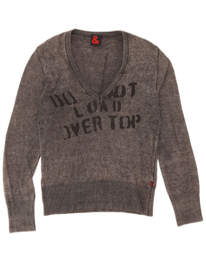 Dolce & Gabbana Damen Pullover mit grafischem V-Ausschnitt IT 44 Mittelgraue Wolle