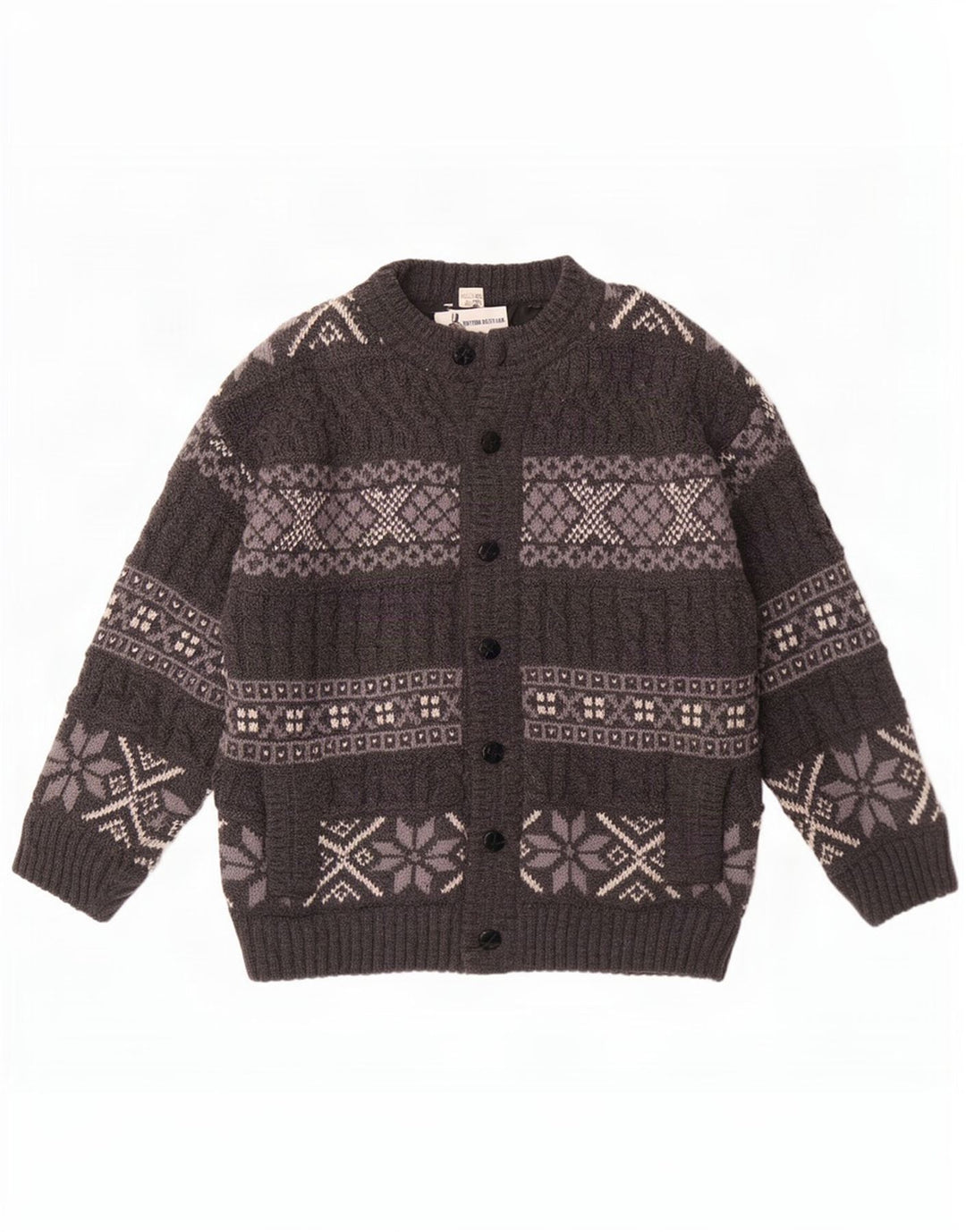 Vintage Herren-Cardigan-Pullover, groß, graue Fair-Isle-Wolle