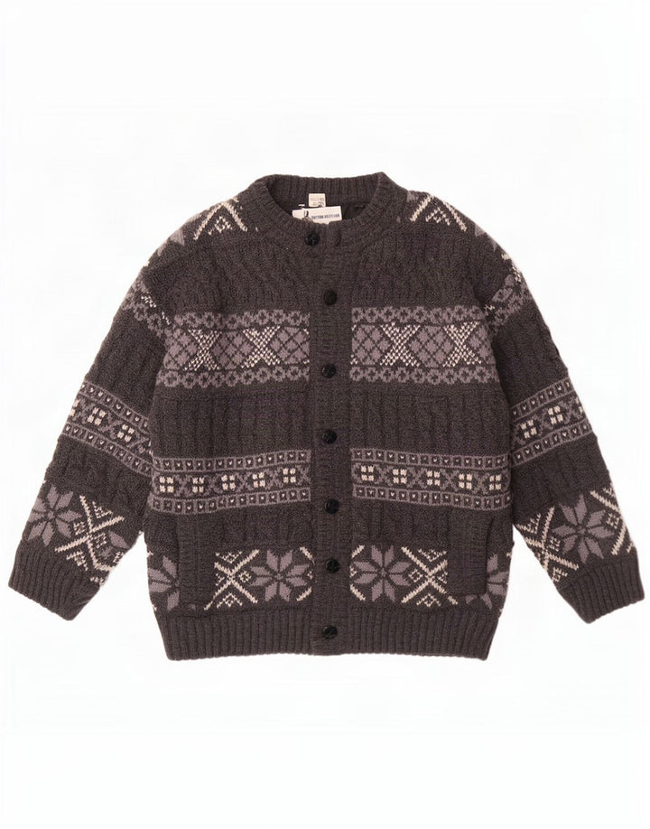 Vintage Herren-Cardigan-Pullover, groß, graue Fair-Isle-Wolle