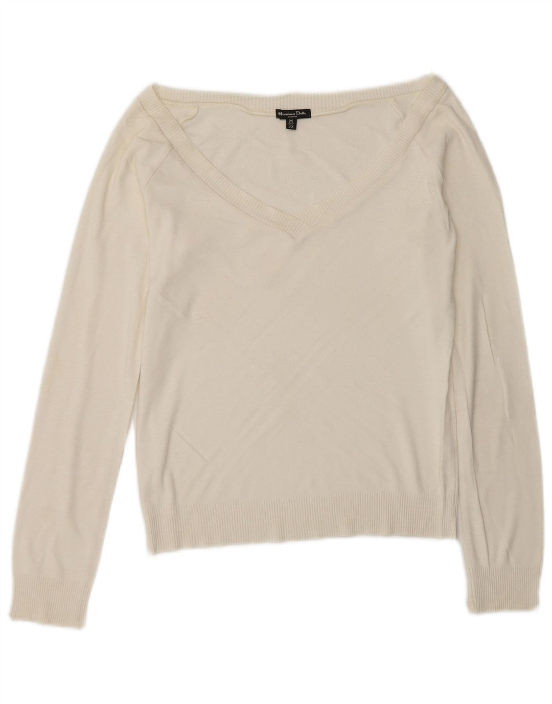 Massimo Dutti Damen-Pullover mit bauchfreiem V-Ausschnitt, Gr. 12, Mittel, gebrochenes Weiß