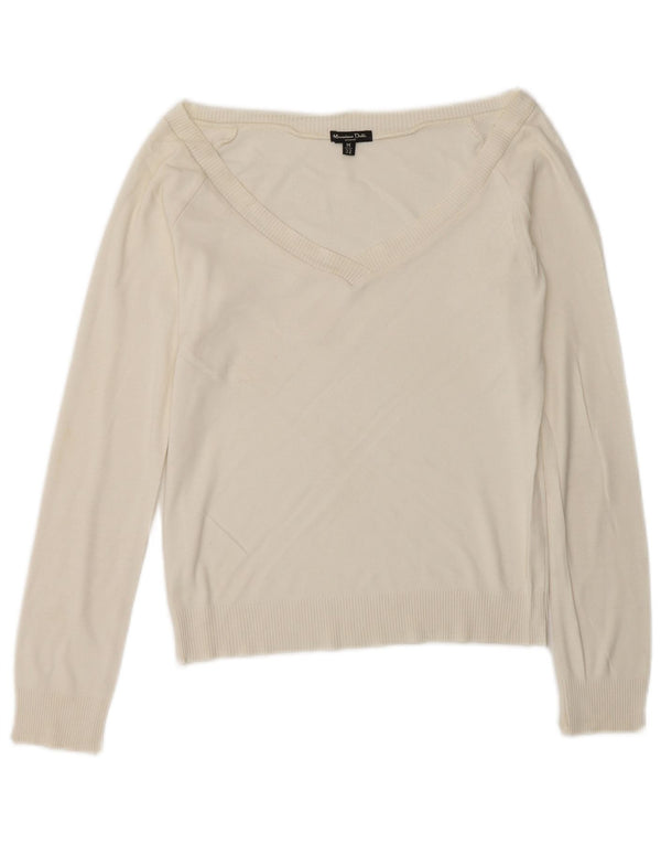 Massimo Dutti Damen-Pullover mit bauchfreiem V-Ausschnitt, Gr. 12, Mittel, gebrochenes Weiß