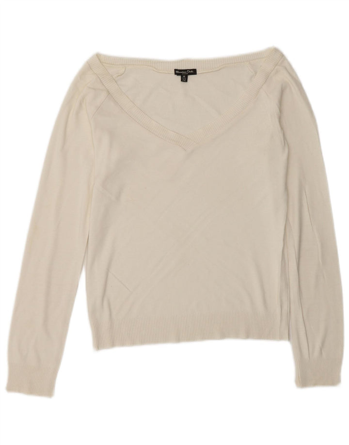 Massimo Dutti Damen-Pullover mit bauchfreiem V-Ausschnitt, Gr. 12, Mittel, gebrochenes Weiß