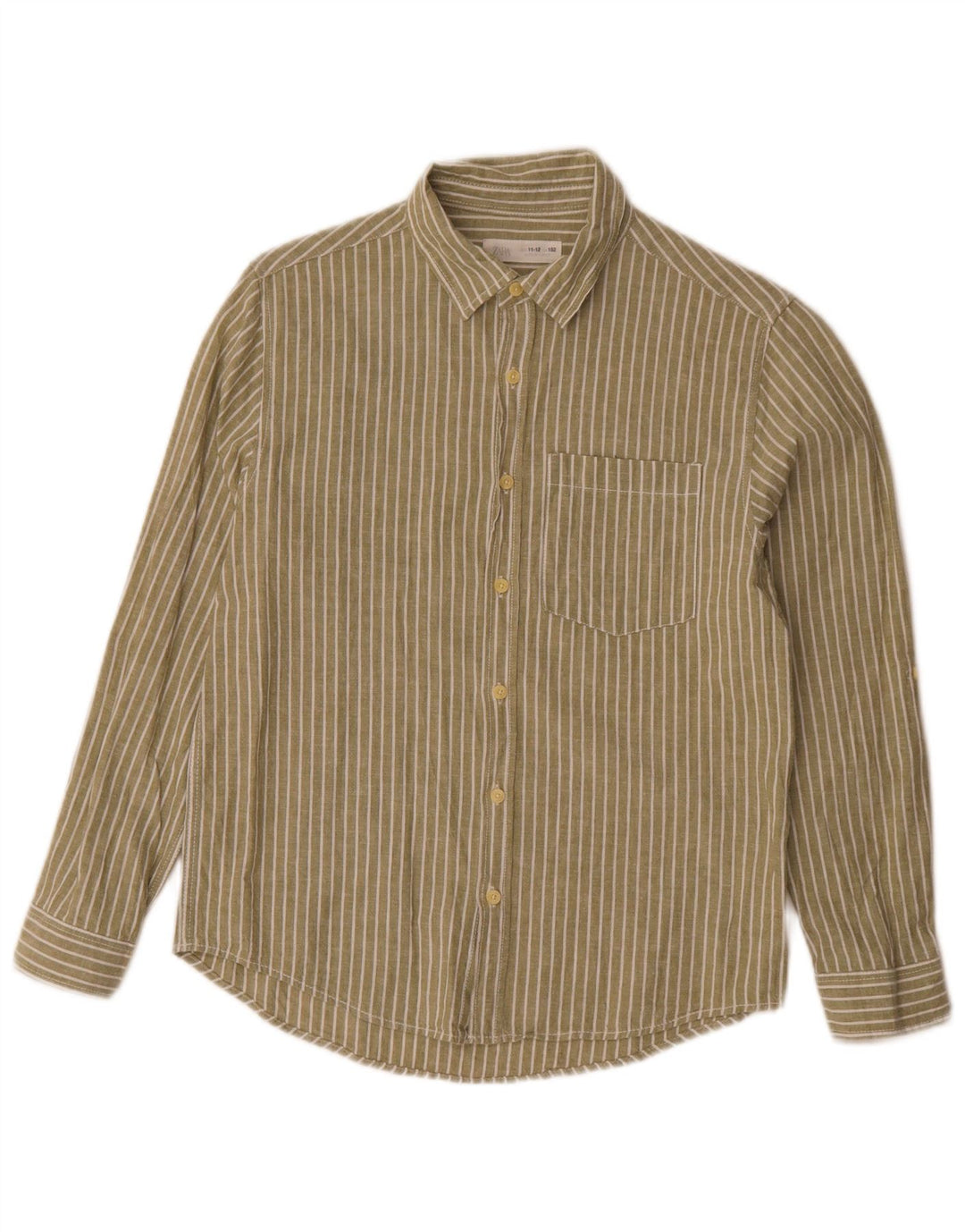 Zara Hemd für Jungen, 11–12 Jahre, Khaki, Nadelstreifen, Baumwolle