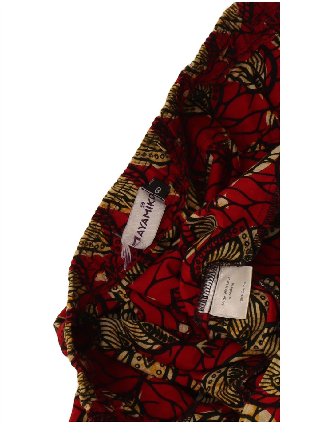 Mayamiko Damen-Hose mit abstraktem Muster, kurz geschnitten, US 8, Mittel, W30, L26, Rot
