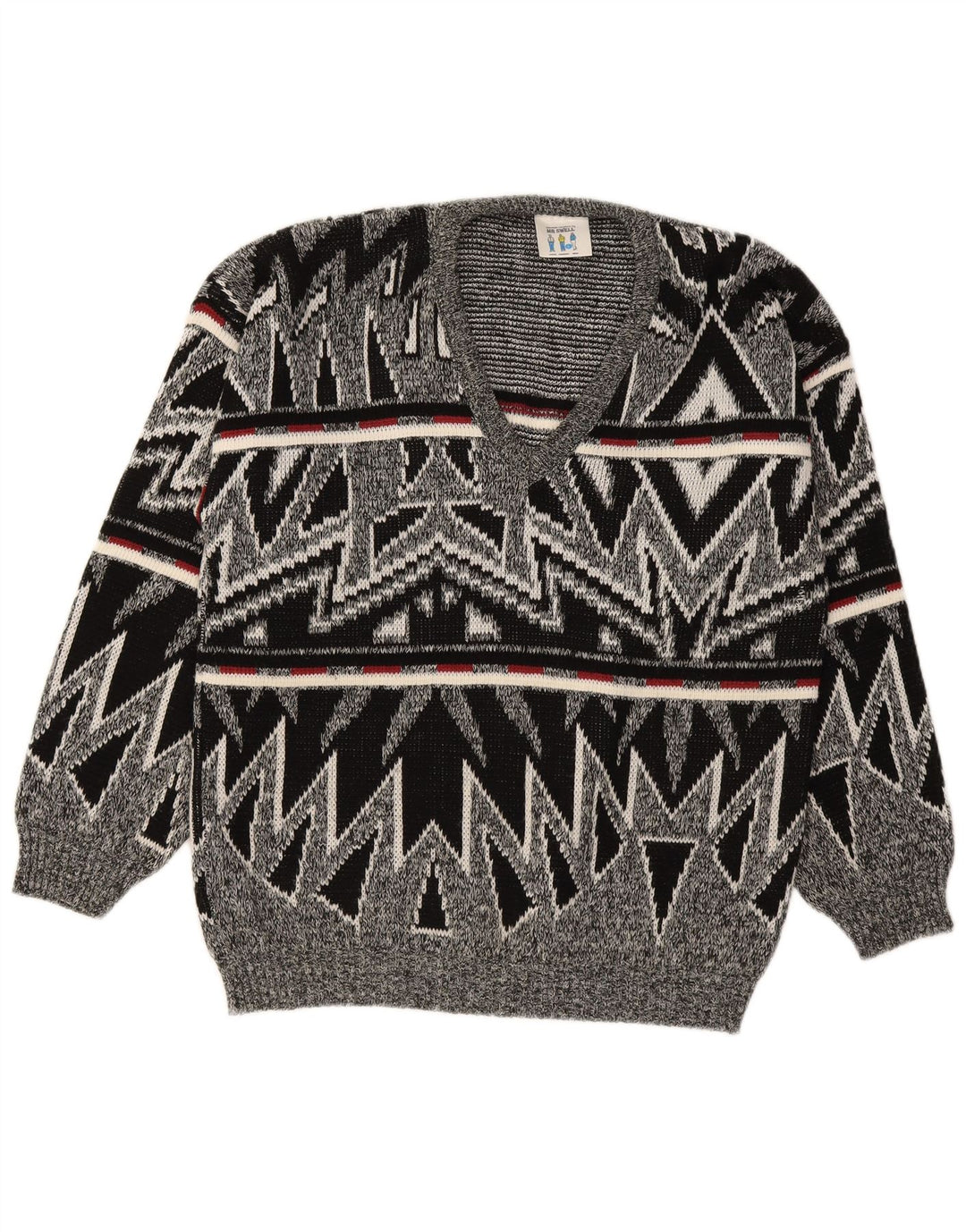 VINTAGE Mens V-Neck Jumper Sweater Large Grey Geometric Acrylic
