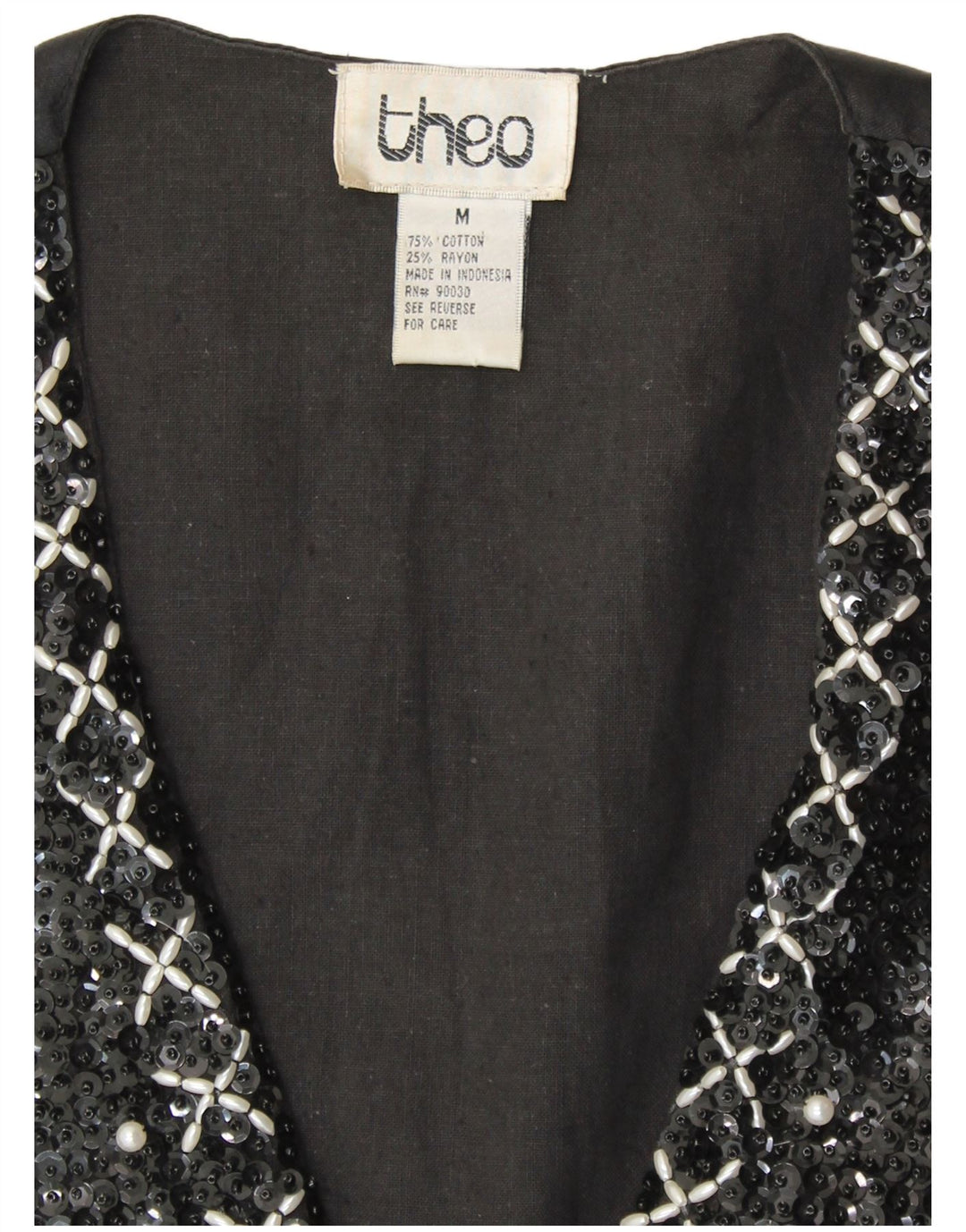 VINTAGE Damen Paillettenweste UK 14 Medium Schwarz Baumwolle 80er Jahre