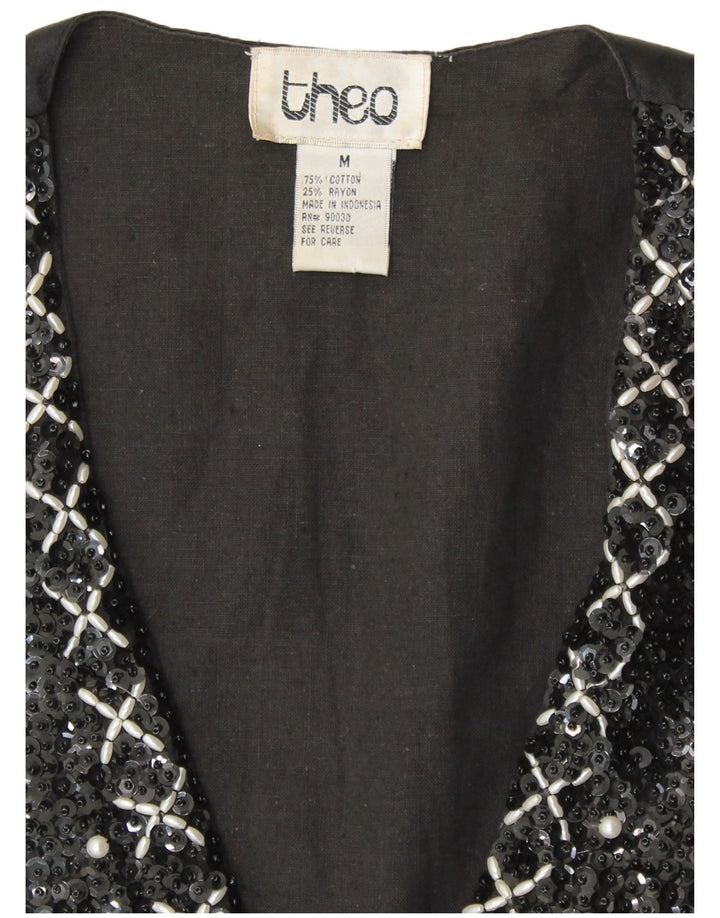 VINTAGE Damen Paillettenweste UK 14 Medium Schwarz Baumwolle 80er Jahre