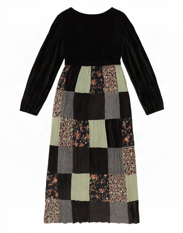 Onyx Damen-Maxikleid aus Velours, langärmelig, Einheitsgröße, Schwarz, Patchwork, Viskose