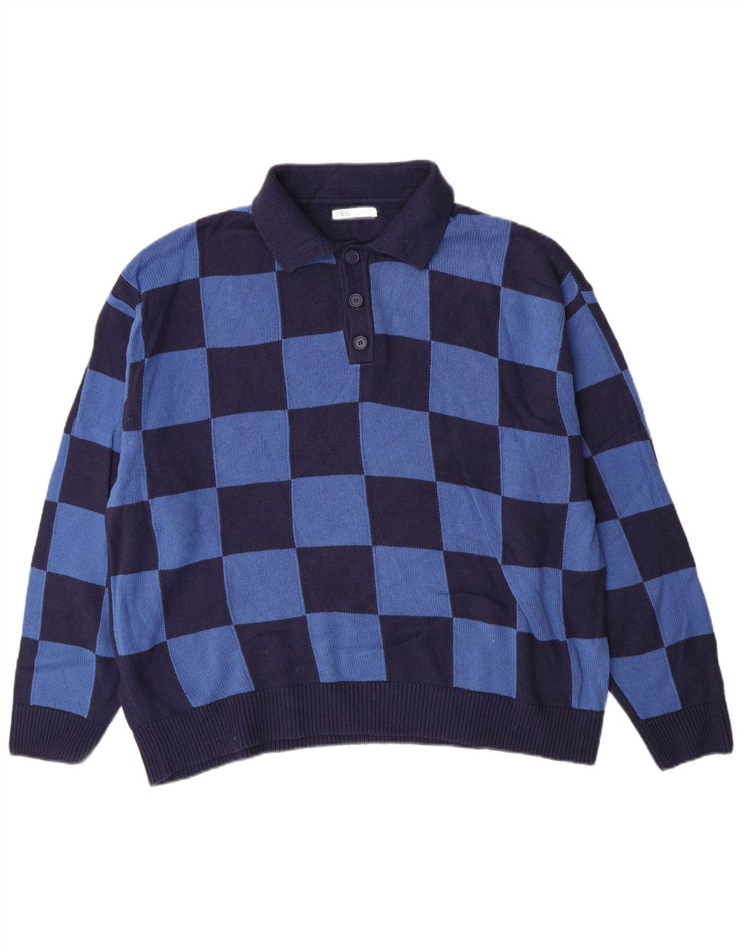 ZARA Herren-Pullover mit Rollkragen, groß, blau kariert, Baumwolle