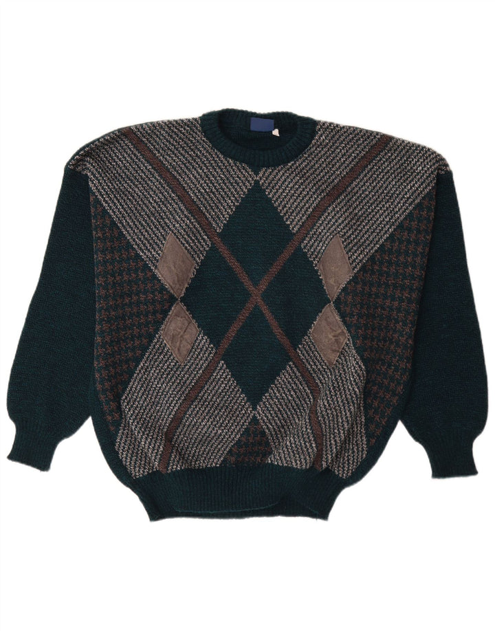 Vintage Herren Pullover mit Rundhalsausschnitt XL Grün Argyle/Diamond Wool