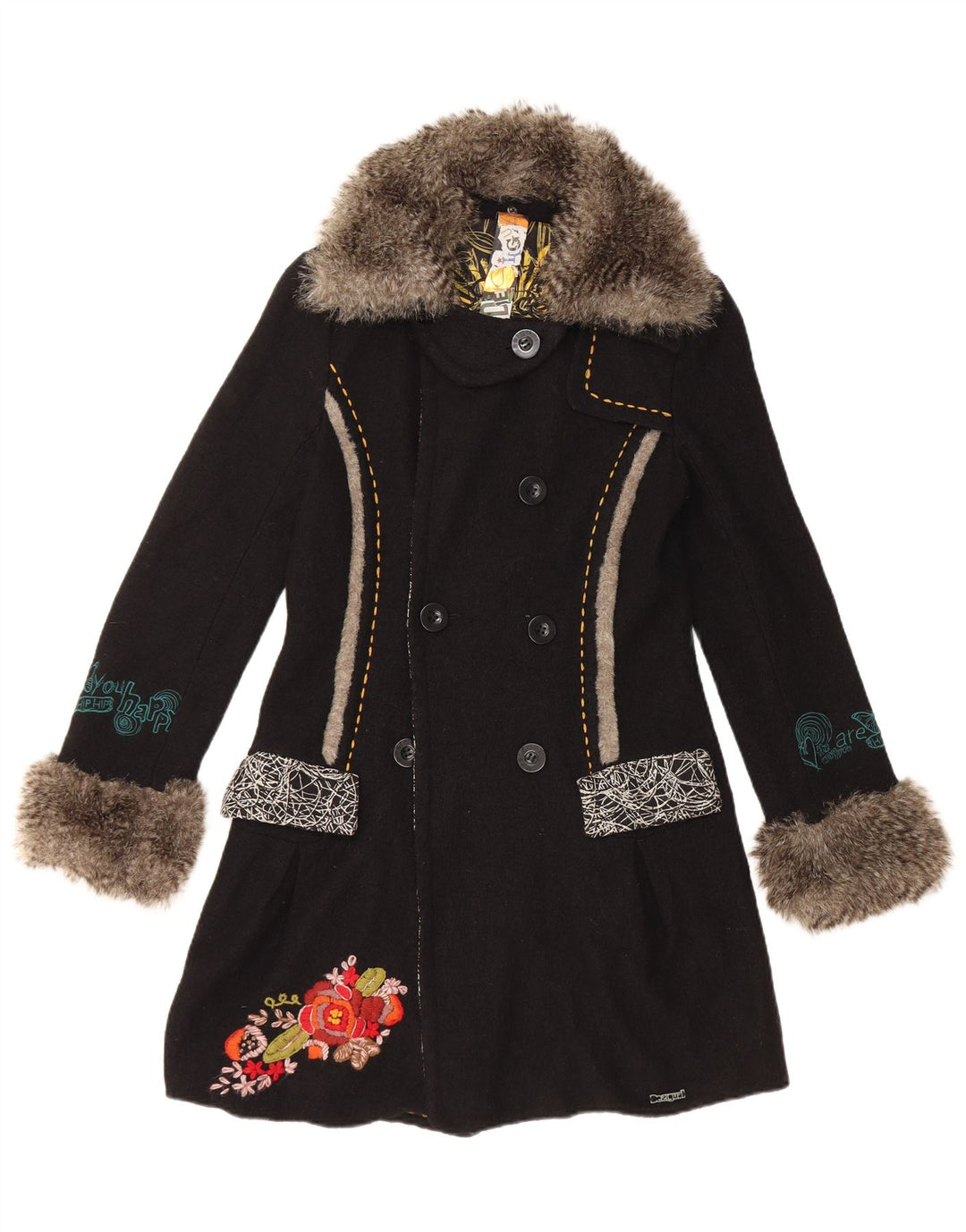 Desigual Damen grafischer zweireihiger Mantel EU 36 Kleine schwarze Wolle mit Blumenmuster