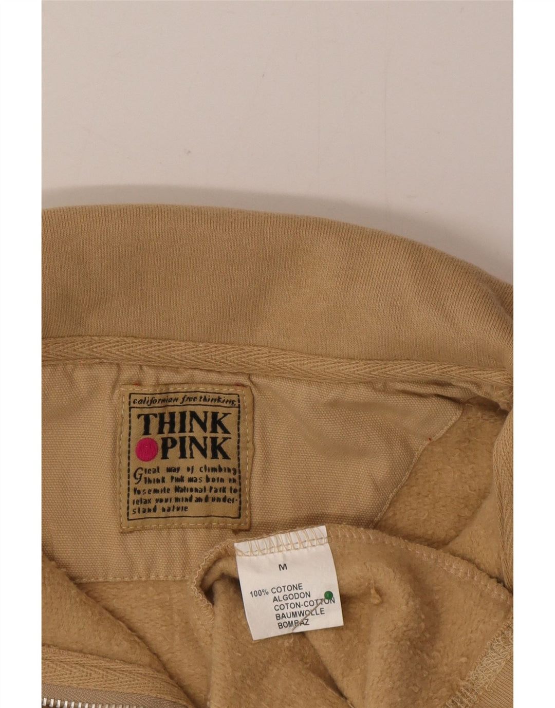 Think Pink Herren-Sweatshirt mit Reißverschluss am Hals, mittelbeige Baumwolle