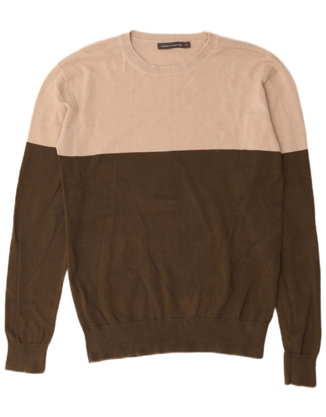 French Connection Herren-Pullover mit Rundhalsausschnitt, Größe S, Khaki, Farbblock