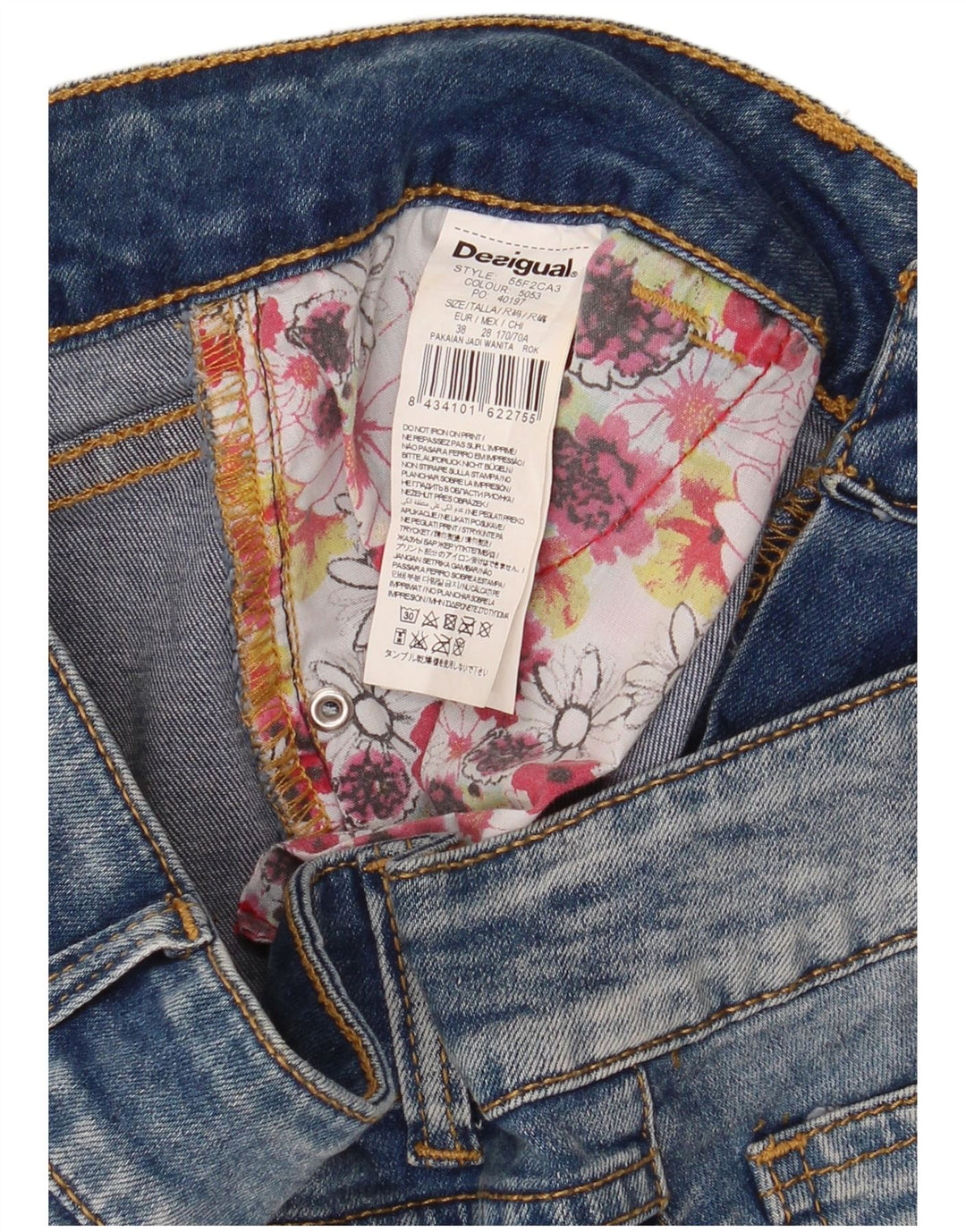 Desigual Damen Jeansrock EU 38 Medium W30 Blaues Blumenmuster aus Polyester