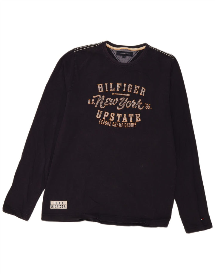 Tommy Hilfiger Herren-Grafik-Oberteil, langärmlig, mittelblaue Baumwolle