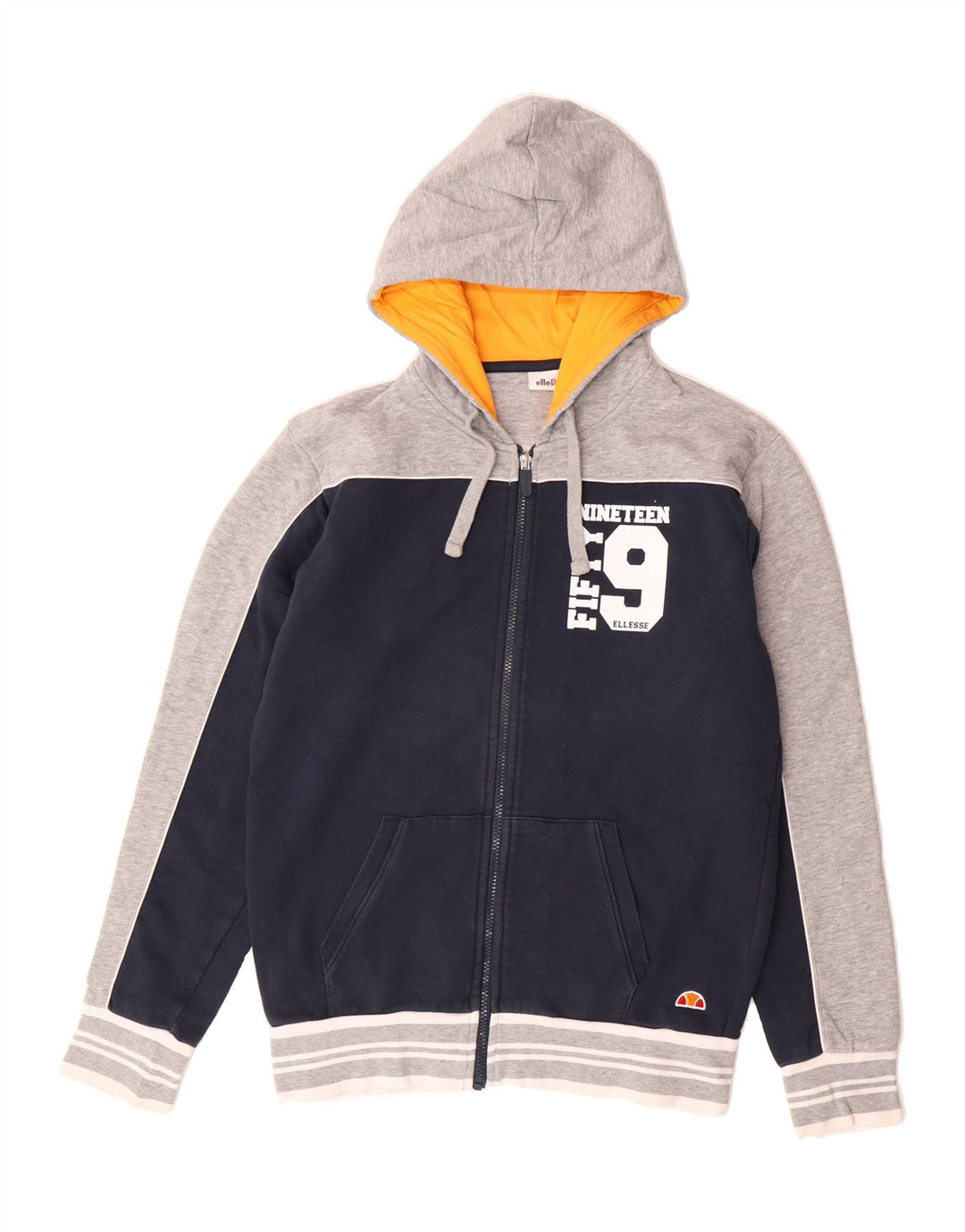 ELLESSE Mens Graphic Zip Hoodie Sweater Medium Navy Blue Colourblock Vintage Ellesse and Second-Hand Ellesse from Messina Hembry 