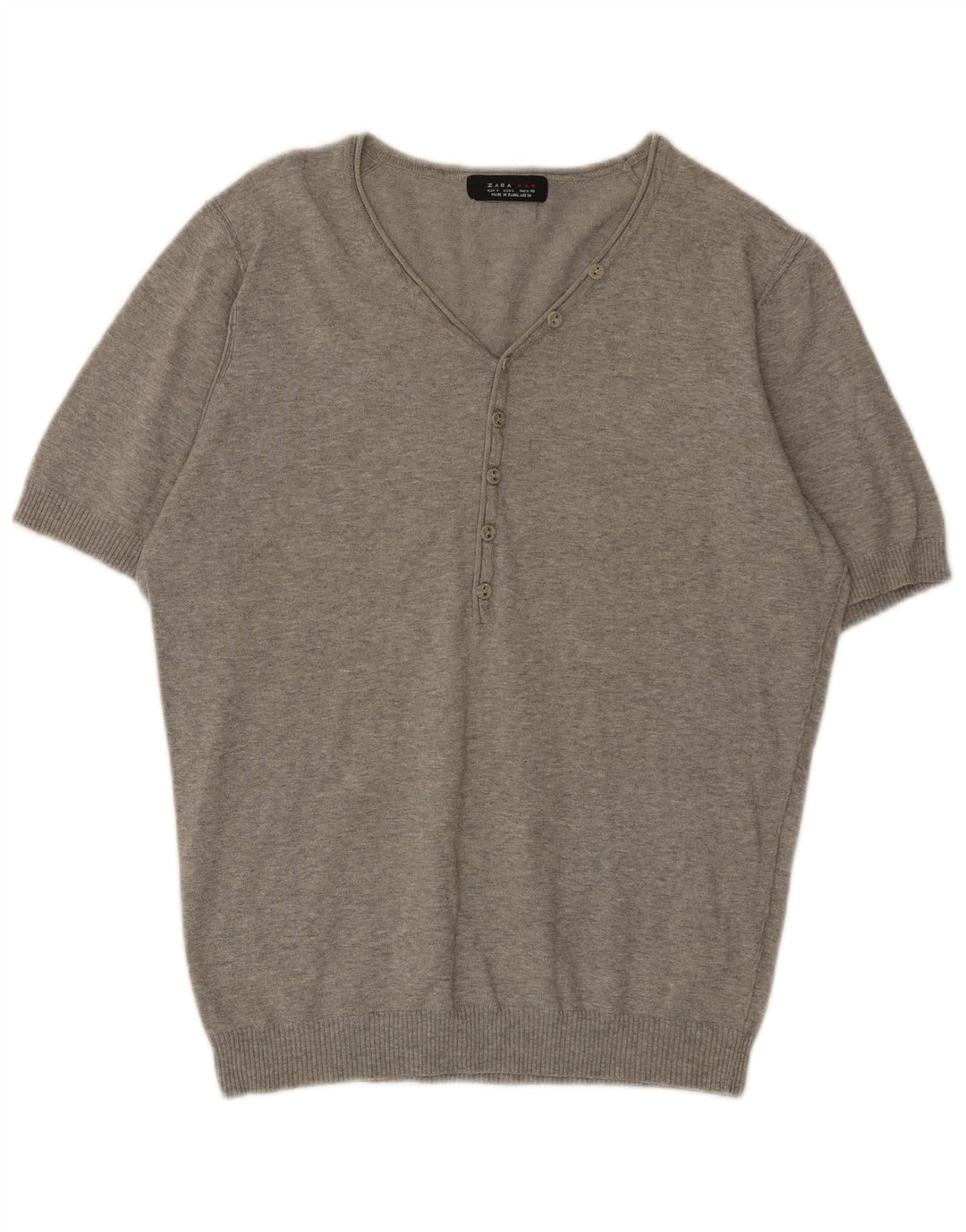 Zara Herren-Pullover, kurzärmelig, V-Ausschnitt, groß, grau gefleckt