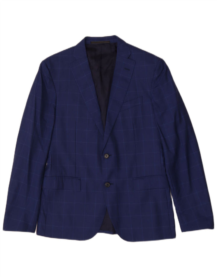 VINTAGE Herren 2-Knopf-Blazerjacke IT 48 Mittelblau karierte Schurwolle