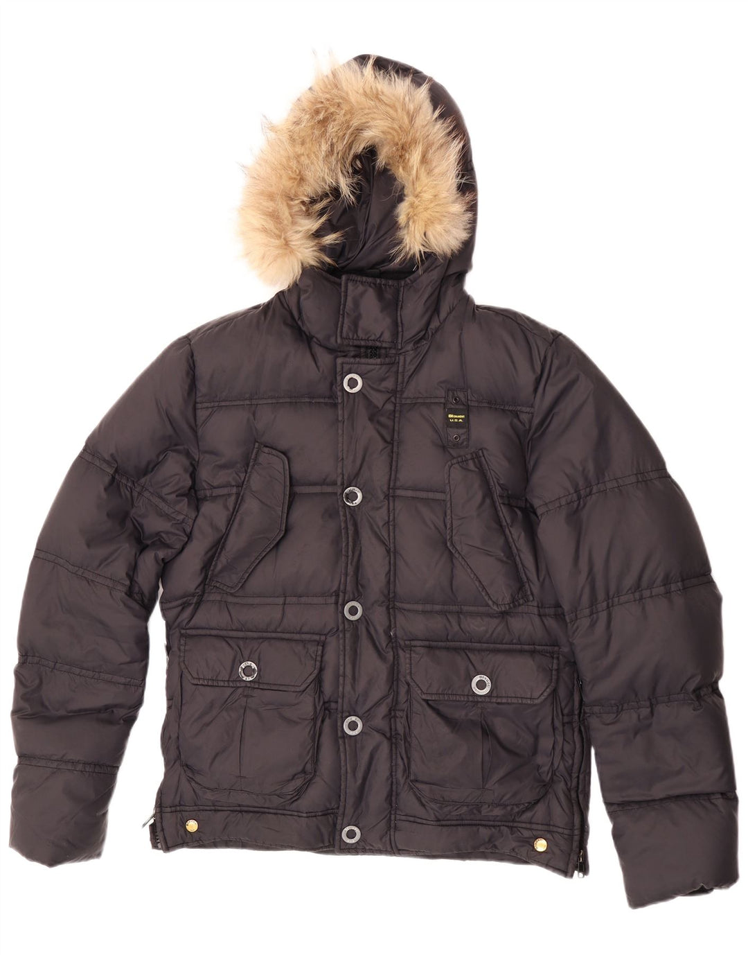 Blauer gepolsterte Herrenjacke mit Kapuze, UK 38, mittelschwarzes Nylon