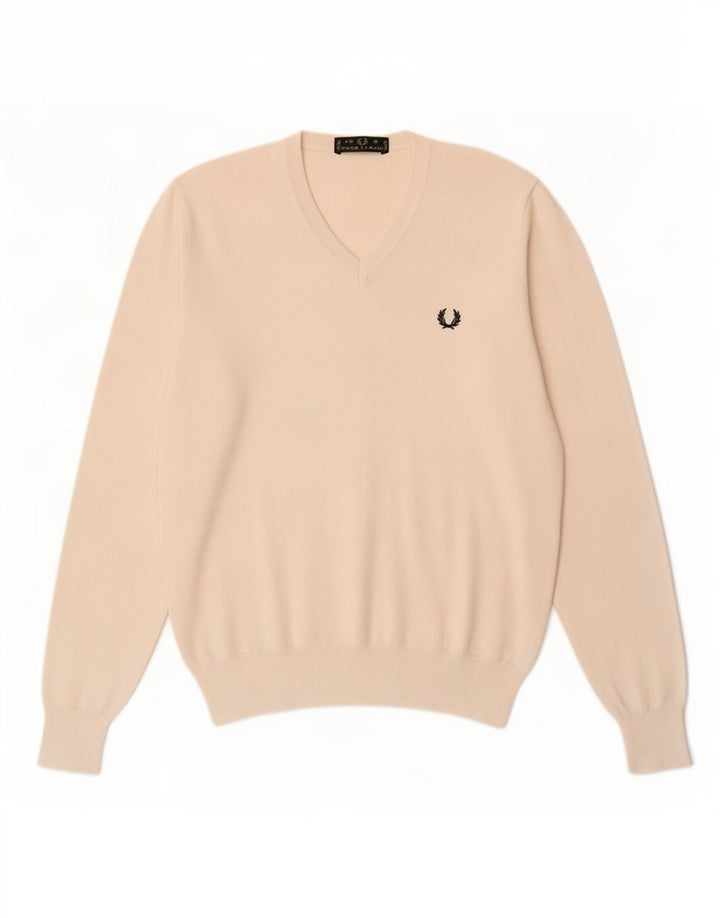 Fred Perry Herren-Pullover mit V-Ausschnitt, Größe S, cremefarbene Baumwolle
