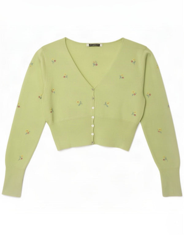 Zara Damen Crop Cardigan Pullover UK 8 Small Green Floral Viscose