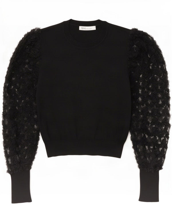 Zara Damen Crop Top Langarm UK 12 Mittelschwarze Viskose mit Blumenmuster