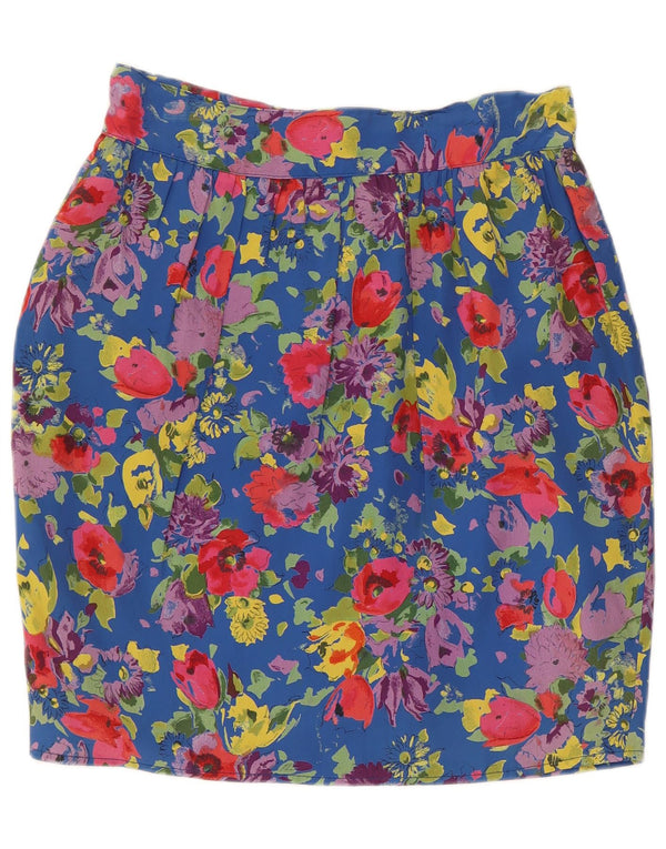 Vintage Damen High Waist Bubble Rock IT 46 Large W30 Blau geblümtes Acetat