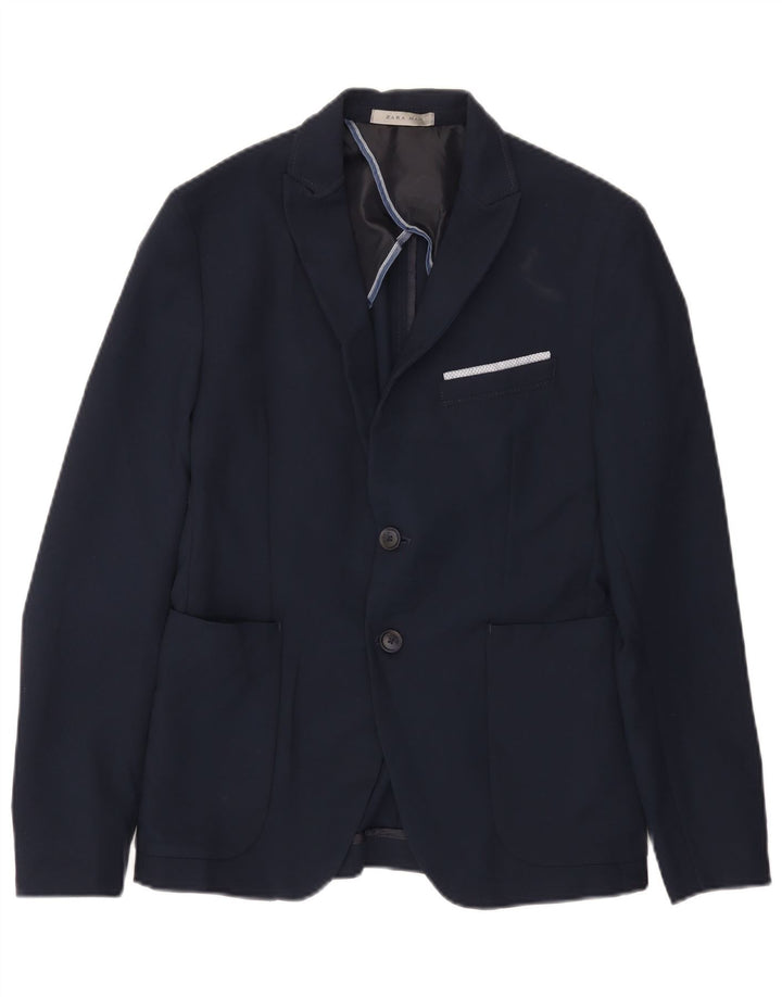 Zara Herren-Blazerjacke mit 2 Knöpfen, Größe S, Marineblau, Polyester, UK 36