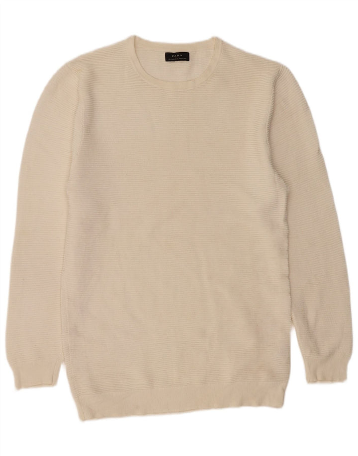 Zara Herren-Pullover mit Rundhalsausschnitt, groß, cremefarbene Baumwolle