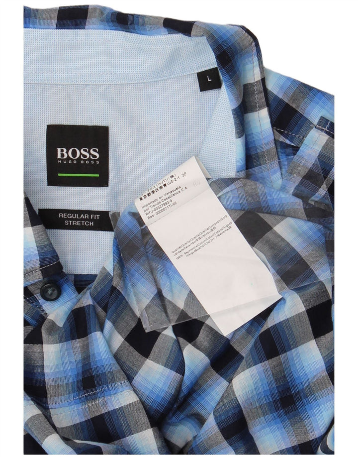 Hugo Boss Herren-Stretch-Hemd mit normaler Passform, groß, blau kariert, Baumwolle