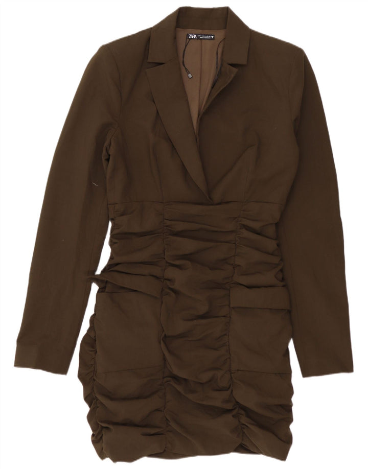 Zara Damen Langarm-Bodycon-Kleid UK 12 Medium Khaki Polyester