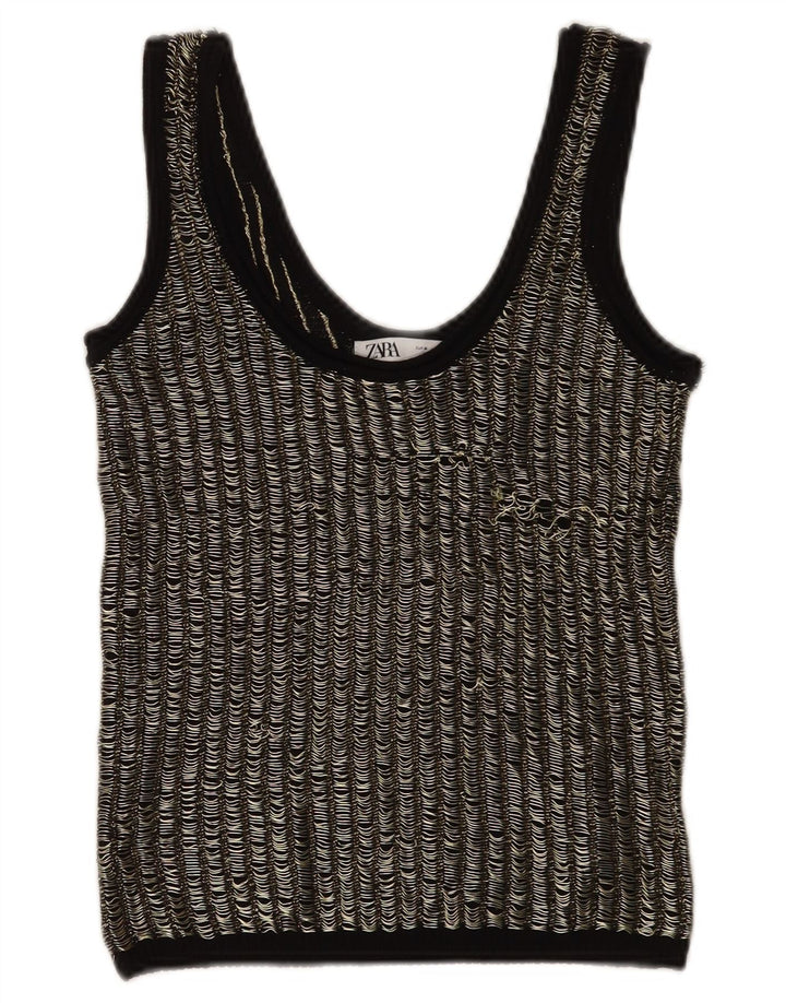 Zara Damen Crop Vest Top UK 12 Mittelschwarz gestreift Viskose