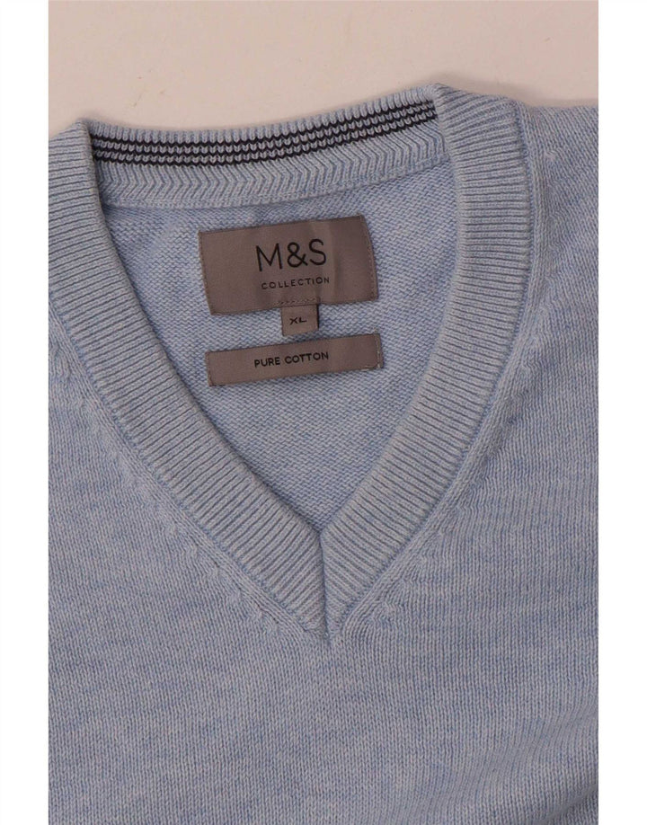 Marks & Spencer Herren-Pullover mit V-Ausschnitt, XL, blaue Baumwolle