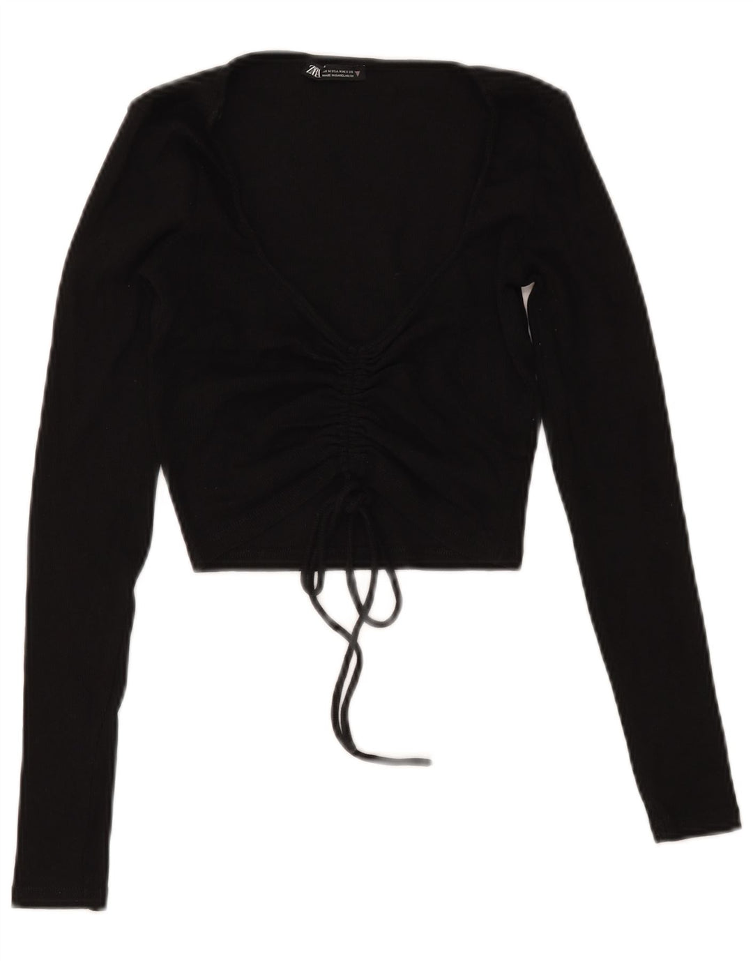 Zara Damen Crop Front Tie Top Langarm UK 12 Medium Schwarz Baumwolle