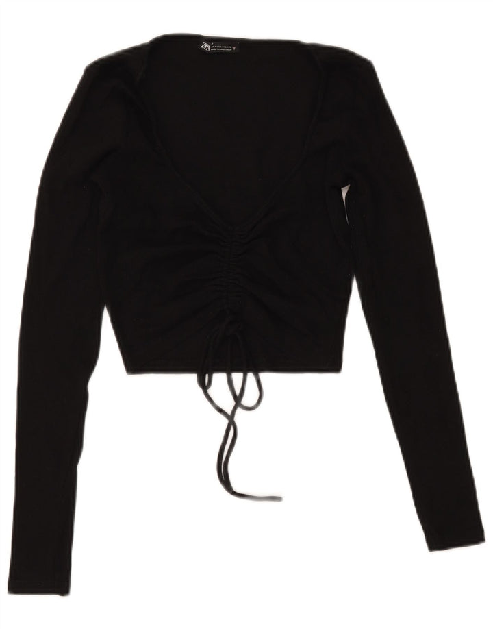 Zara Damen Crop Front Tie Top Langarm UK 12 Medium Schwarz Baumwolle