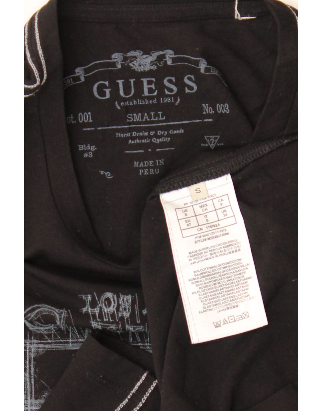 Guess Herren-Top mit Grafik, langärmlig, klein, aus schwarzer Baumwolle