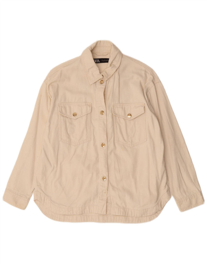 Zara Damen Bomberjacke UK 10 Small Off White Baumwolle
