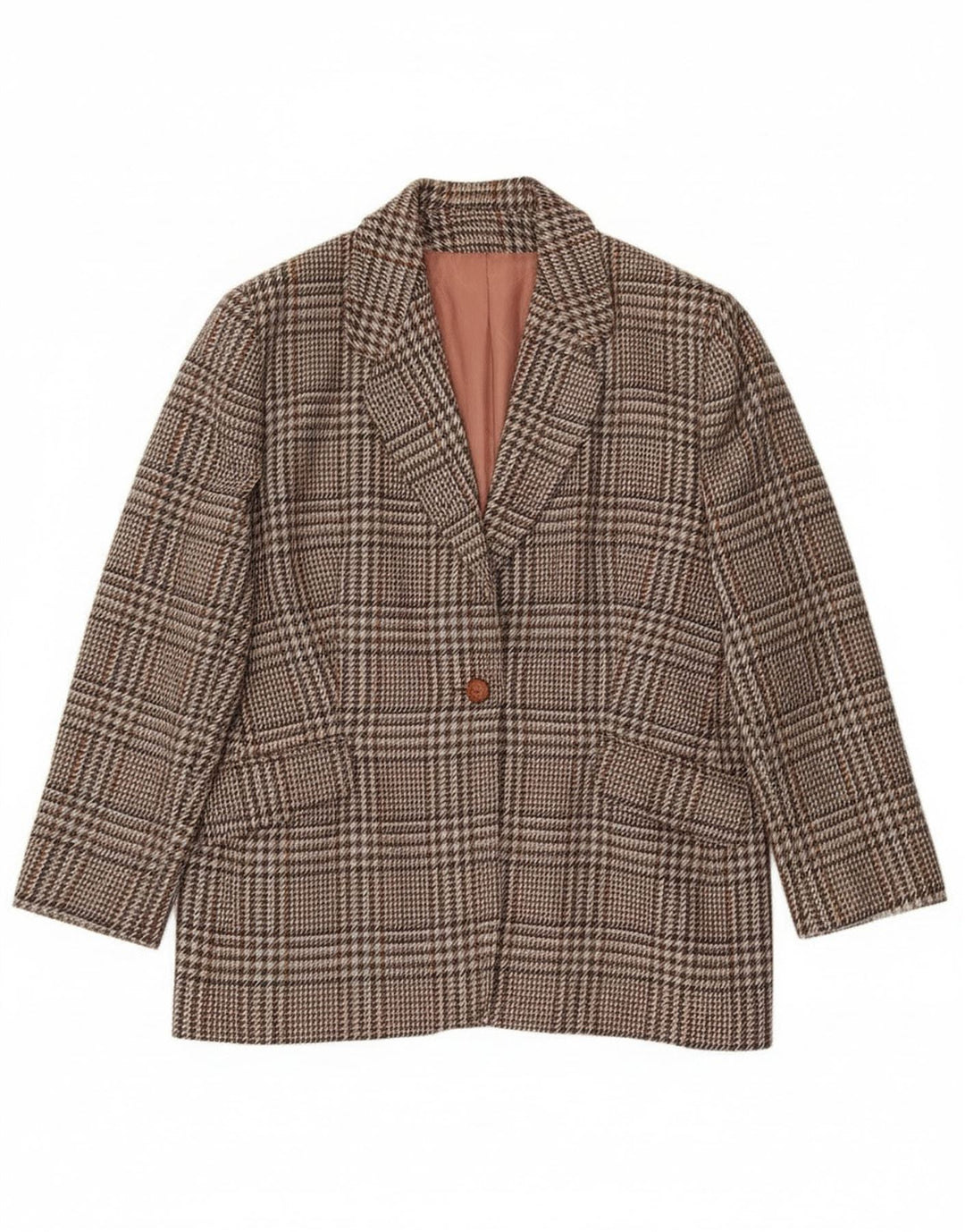 Vintage Damen 1 Knopf Blazer Jacke UK 20 2XL Braun karierte Wolle