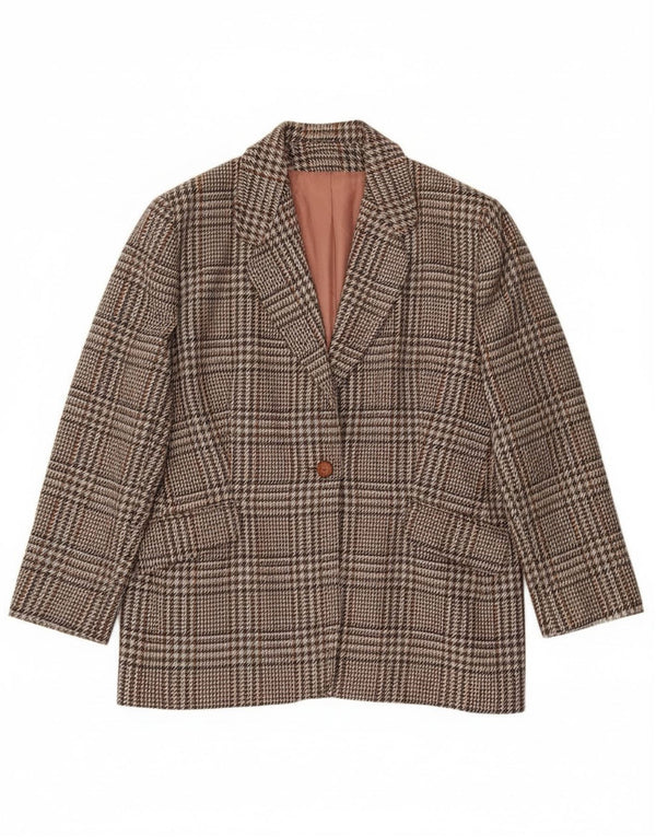 Vintage Damen 1 Knopf Blazer Jacke UK 20 2XL Braun karierte Wolle