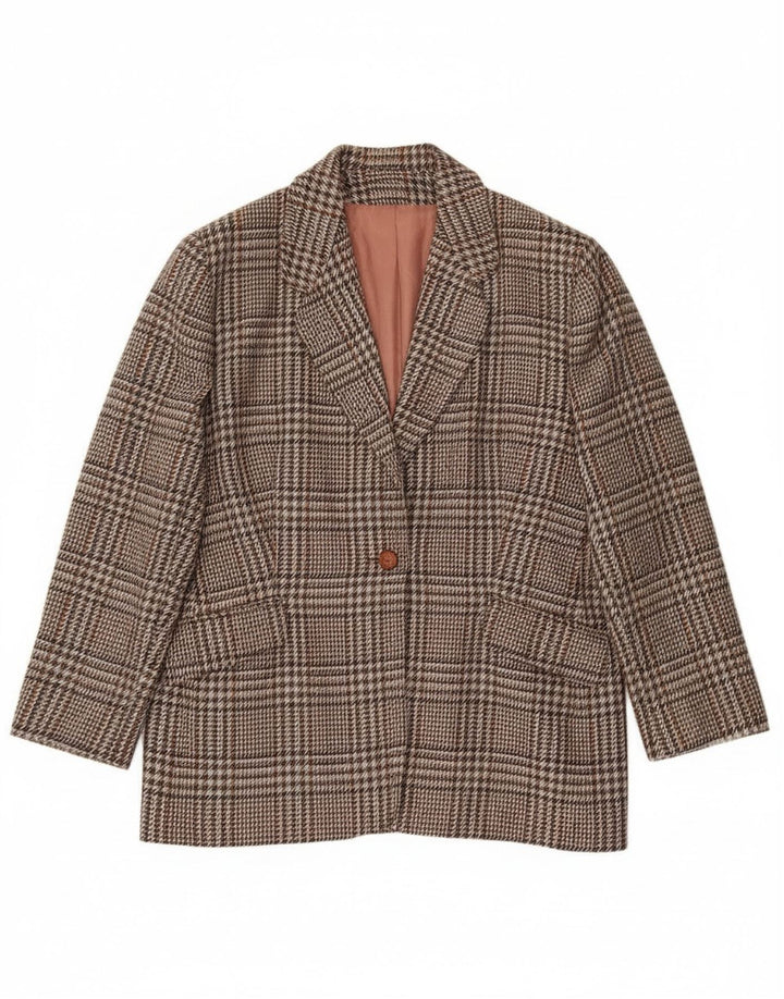 Vintage Damen 1 Knopf Blazer Jacke UK 20 2XL Braun karierte Wolle