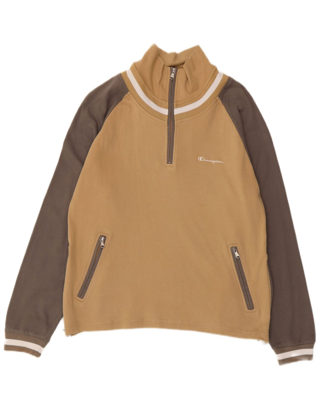 Champion Damen-Sweatshirt mit Reißverschluss am Hals, UK 14, Mittelbeige, Farbblock