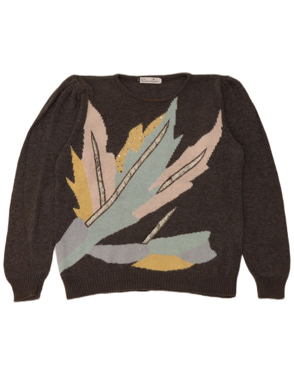 Vintage Damen Übergroßer Pullover mit Rundhalsausschnitt EU 40 Mittelgrau geblümt